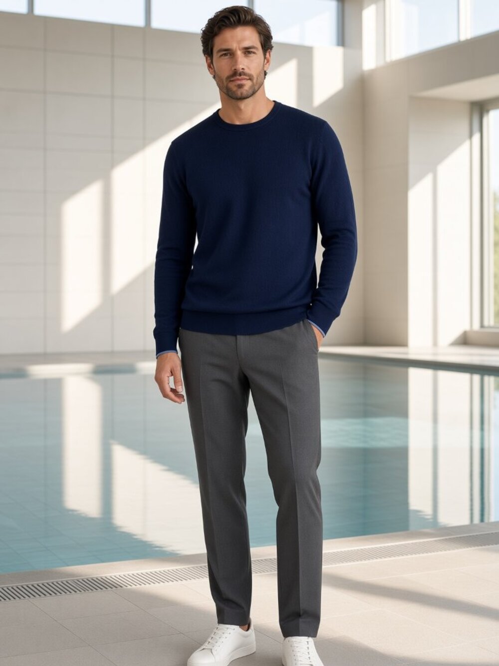 Dylan Gray Men Navy Crewneck Light-Blue Cuff Tipping Pullover Sweater Knit US XL